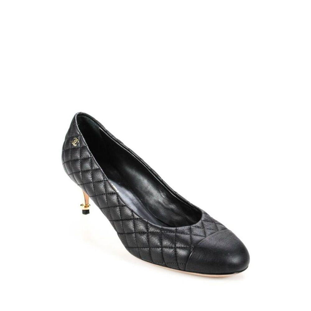 Chanel Womens Pumps Size 40.5 10.5 Black Gold Tone Hardware Almond Toe